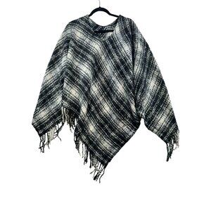 Lauren Ralph Lauren Womens Black & White Plaid Fringe Poncho